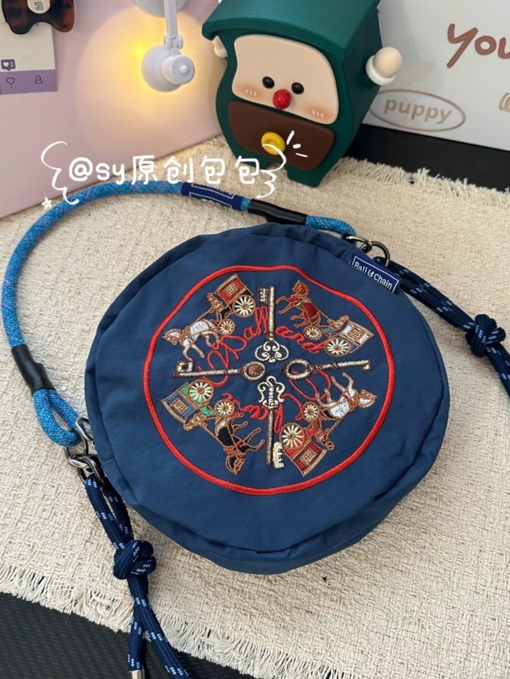 Embroidered Blue Round Crossbody Bag with Rope Handle